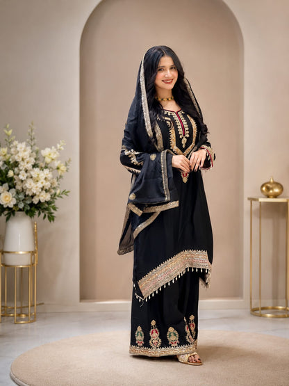 Pure Chinon Silk Embroidered Palazzo Suit Set with Dupatta