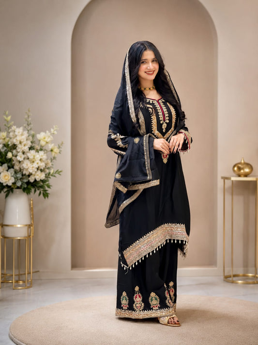 Pure Chinon Silk Embroidered Palazzo Suit Set with Dupatta