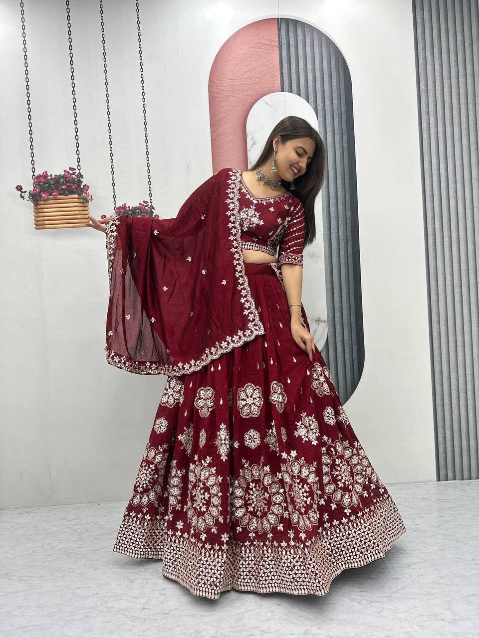 Heavy Pure Vichitra Silk Embroidered Lehenga Choli Set with Dupatta