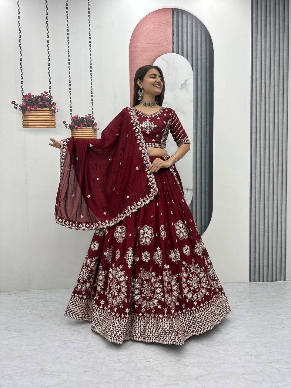 Heavy Pure Vichitra Silk Embroidered Lehenga Choli Set with Dupatta