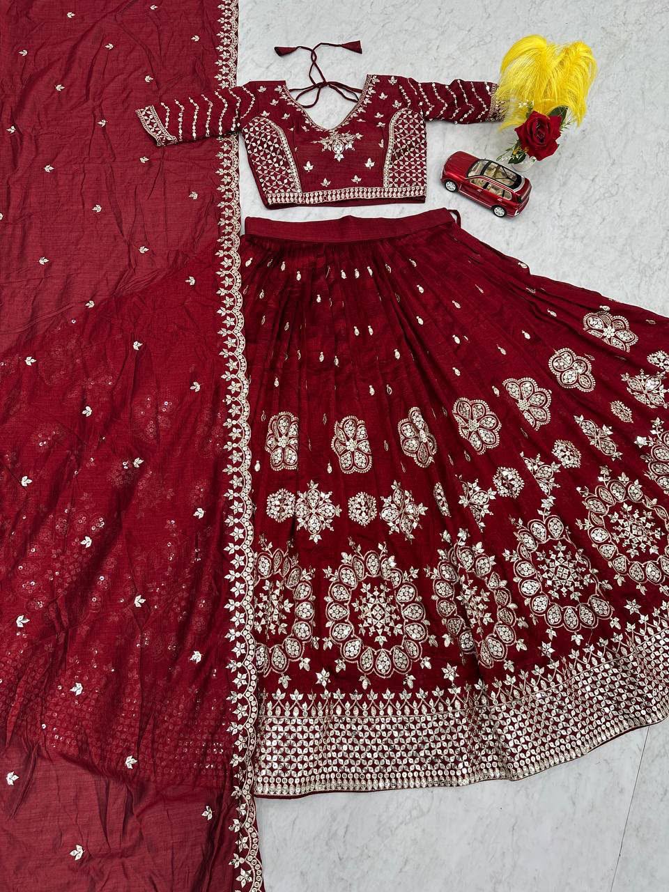 Heavy Pure Vichitra Silk Embroidered Lehenga Choli Set with Dupatta
