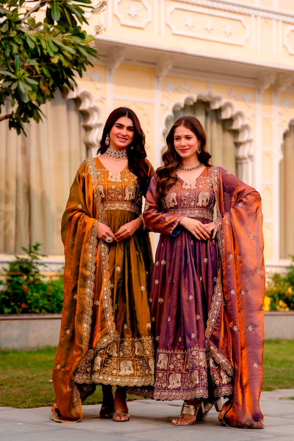 Rang Rasiya Dual Tone Fendy Satin Embroidered Gown Set with Dupatta