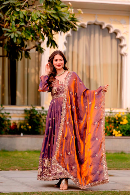 Rang Rasiya Dual Tone Fendy Satin Embroidered Gown Set with Dupatta