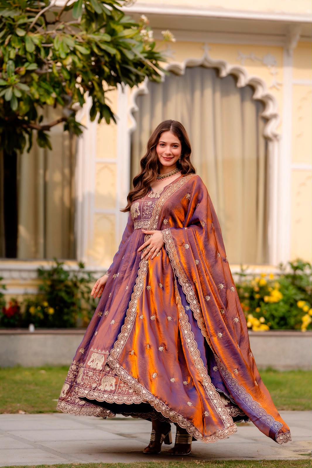 Rang Rasiya Dual Tone Fendy Satin Embroidered Gown Set with Dupatta