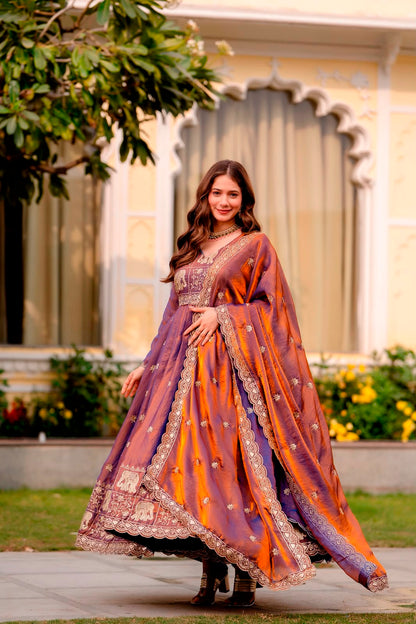Rang Rasiya Dual Tone Fendy Satin Embroidered Gown Set with Dupatta