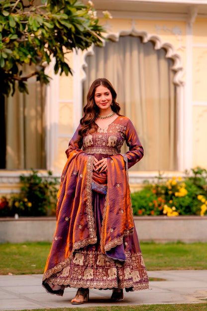 Rang Rasiya Dual Tone Fendy Satin Embroidered Gown Set with Dupatta