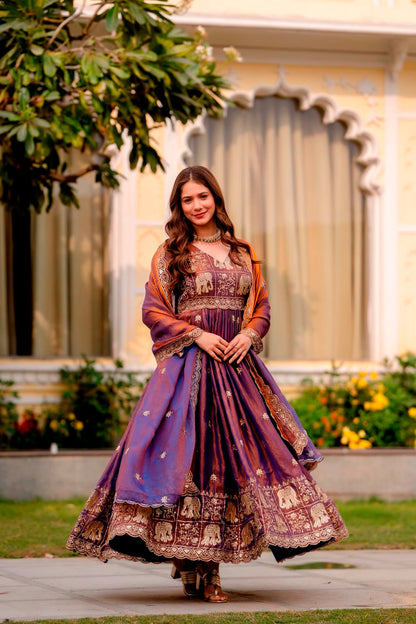 Rang Rasiya Dual Tone Fendy Satin Embroidered Gown Set with Dupatta
