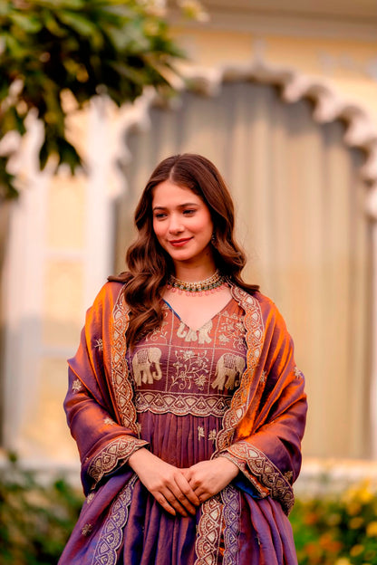 Rang Rasiya Dual Tone Fendy Satin Embroidered Gown Set with Dupatta