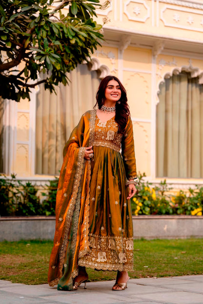 Rang Rasiya Dual Tone Fendy Satin Embroidered Gown Set with Dupatta