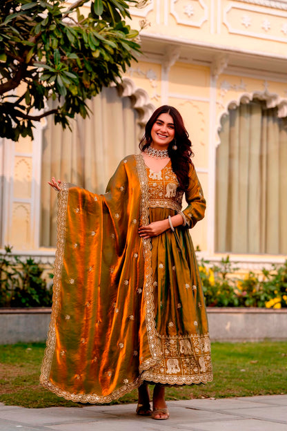 Rang Rasiya Dual Tone Fendy Satin Embroidered Gown Set with Dupatta