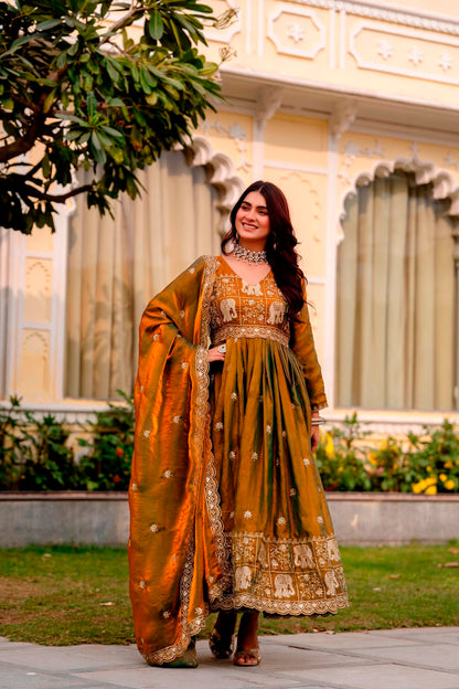 Rang Rasiya Dual Tone Fendy Satin Embroidered Gown Set with Dupatta