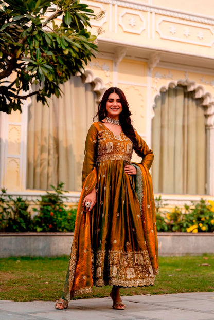 Rang Rasiya Dual Tone Fendy Satin Embroidered Gown Set with Dupatta