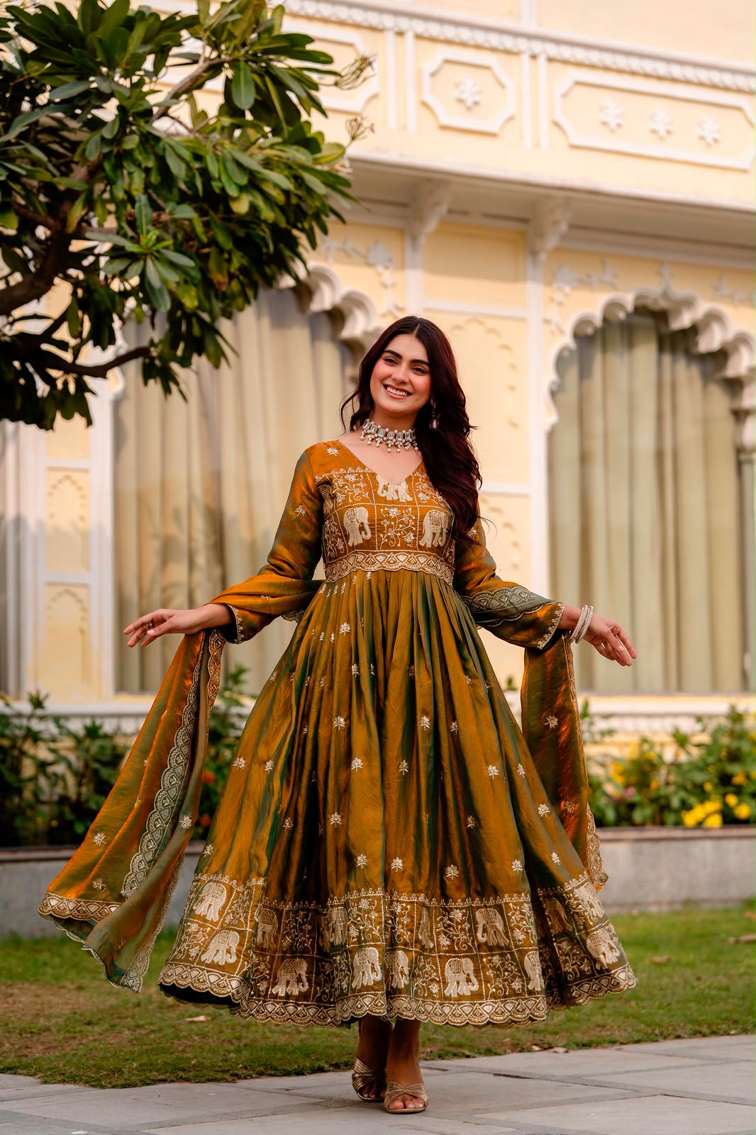 Rang Rasiya Dual Tone Fendy Satin Embroidered Gown Set with Dupatta