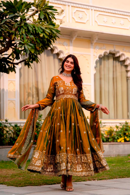 Rang Rasiya Dual Tone Fendy Satin Embroidered Gown Set with Dupatta