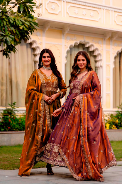 Rang Rasiya Dual Tone Fendy Satin Embroidered Gown Set with Dupatta