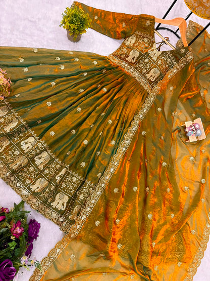 Rang Rasiya Dual Tone Fendy Satin Embroidered Gown Set with Dupatta