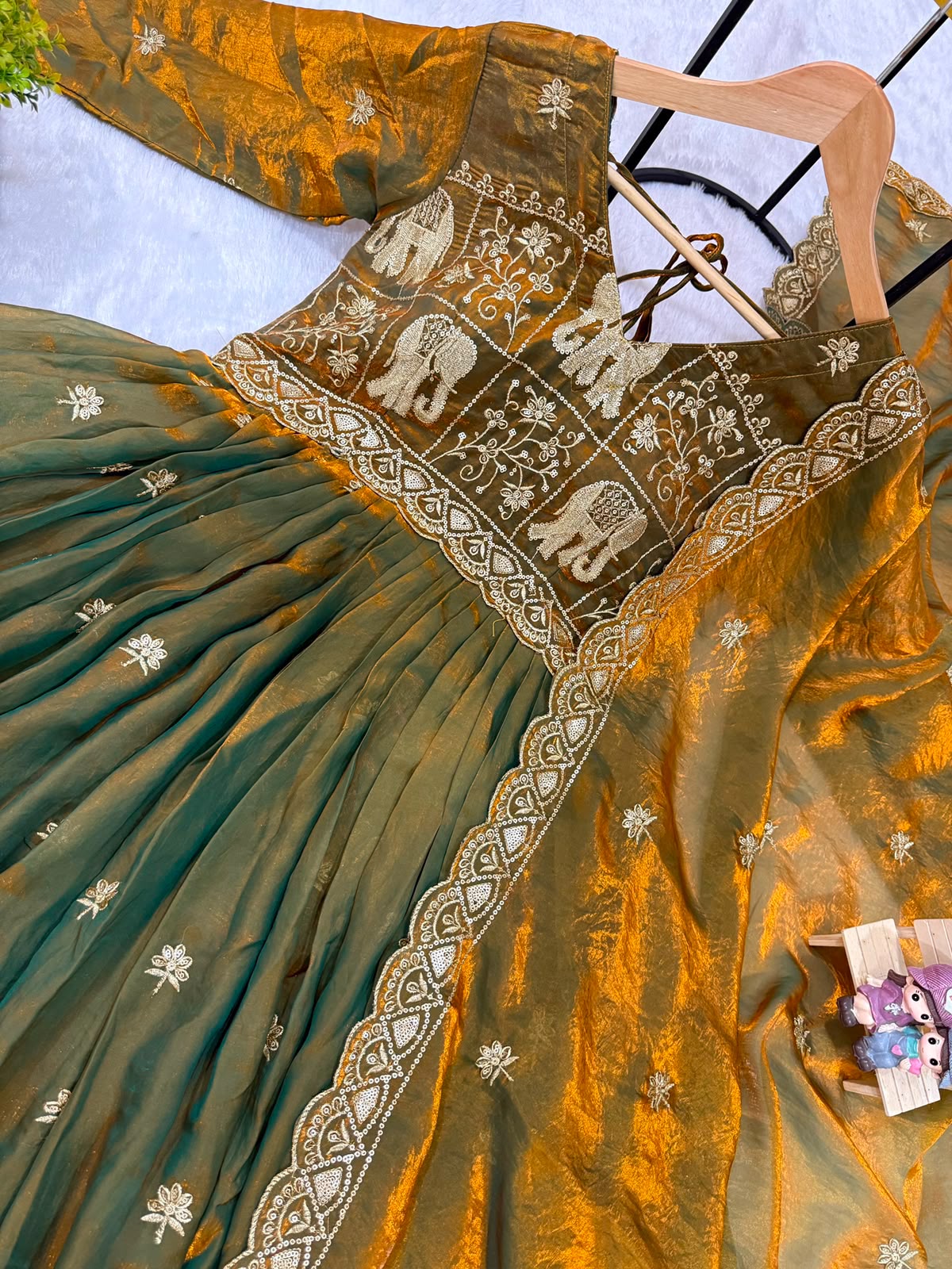 Rang Rasiya Dual Tone Fendy Satin Embroidered Gown Set with Dupatta