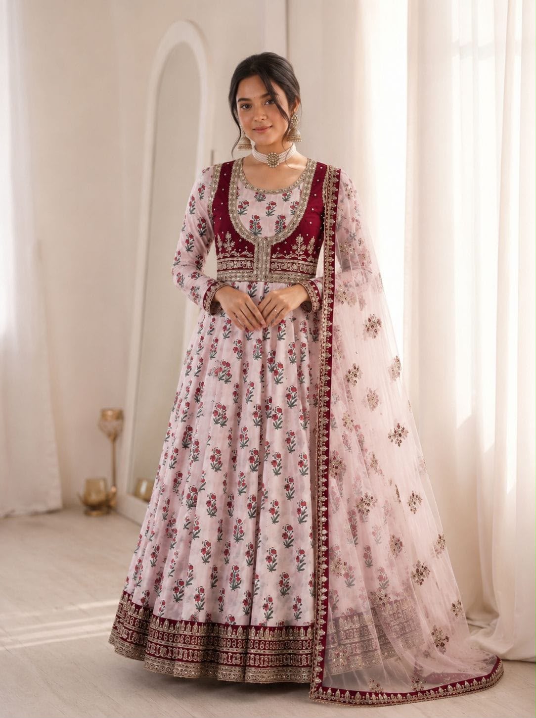 Crepe Digital Print Embroidered Designer Gown with Butterfly Net Dupatta