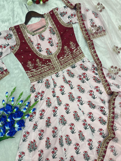 Crepe Digital Print Embroidered Designer Gown with Butterfly Net Dupatta