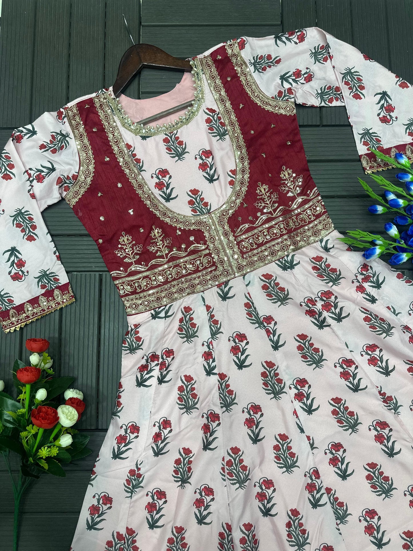 Crepe Digital Print Embroidered Designer Gown with Butterfly Net Dupatta
