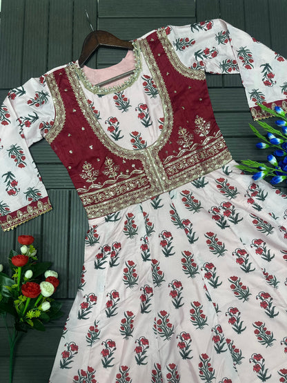 Crepe Digital Print Embroidered Designer Gown with Butterfly Net Dupatta