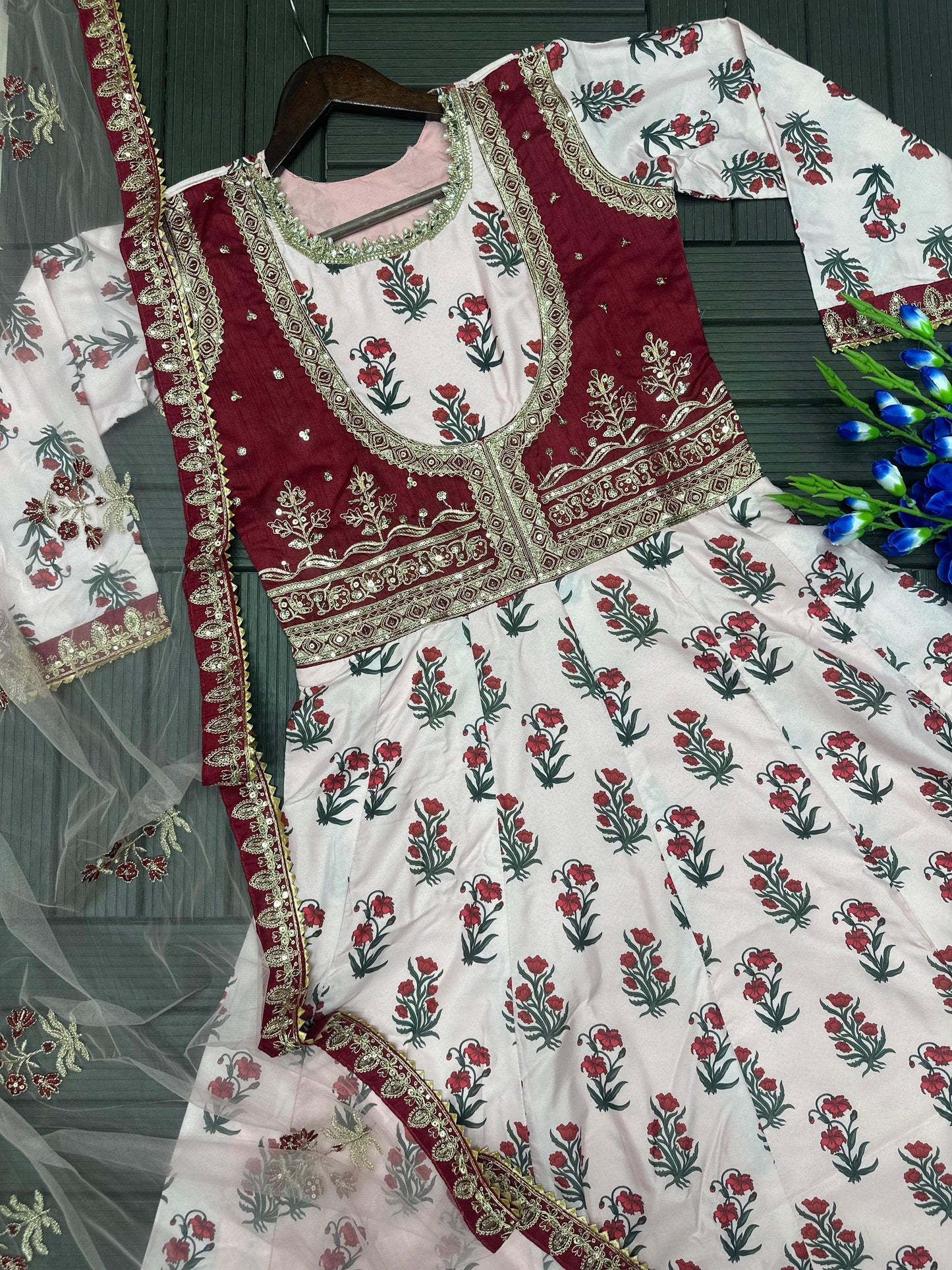 Crepe Digital Print Embroidered Designer Gown with Butterfly Net Dupatta