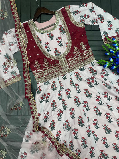 Crepe Digital Print Embroidered Designer Gown with Butterfly Net Dupatta