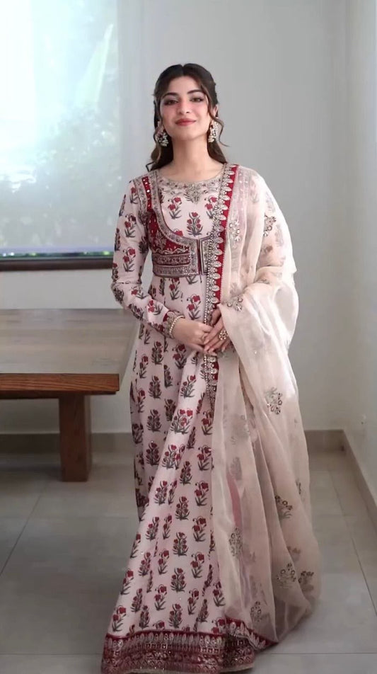 Crepe Digital Print Embroidered Designer Gown with Butterfly Net Dupatta