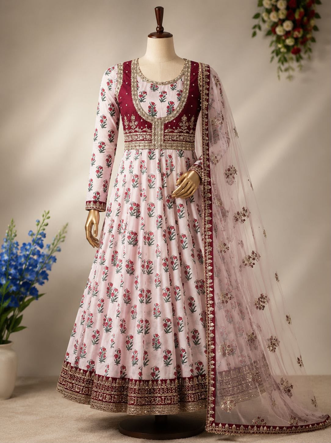 Crepe Digital Print Embroidered Designer Gown with Butterfly Net Dupatta