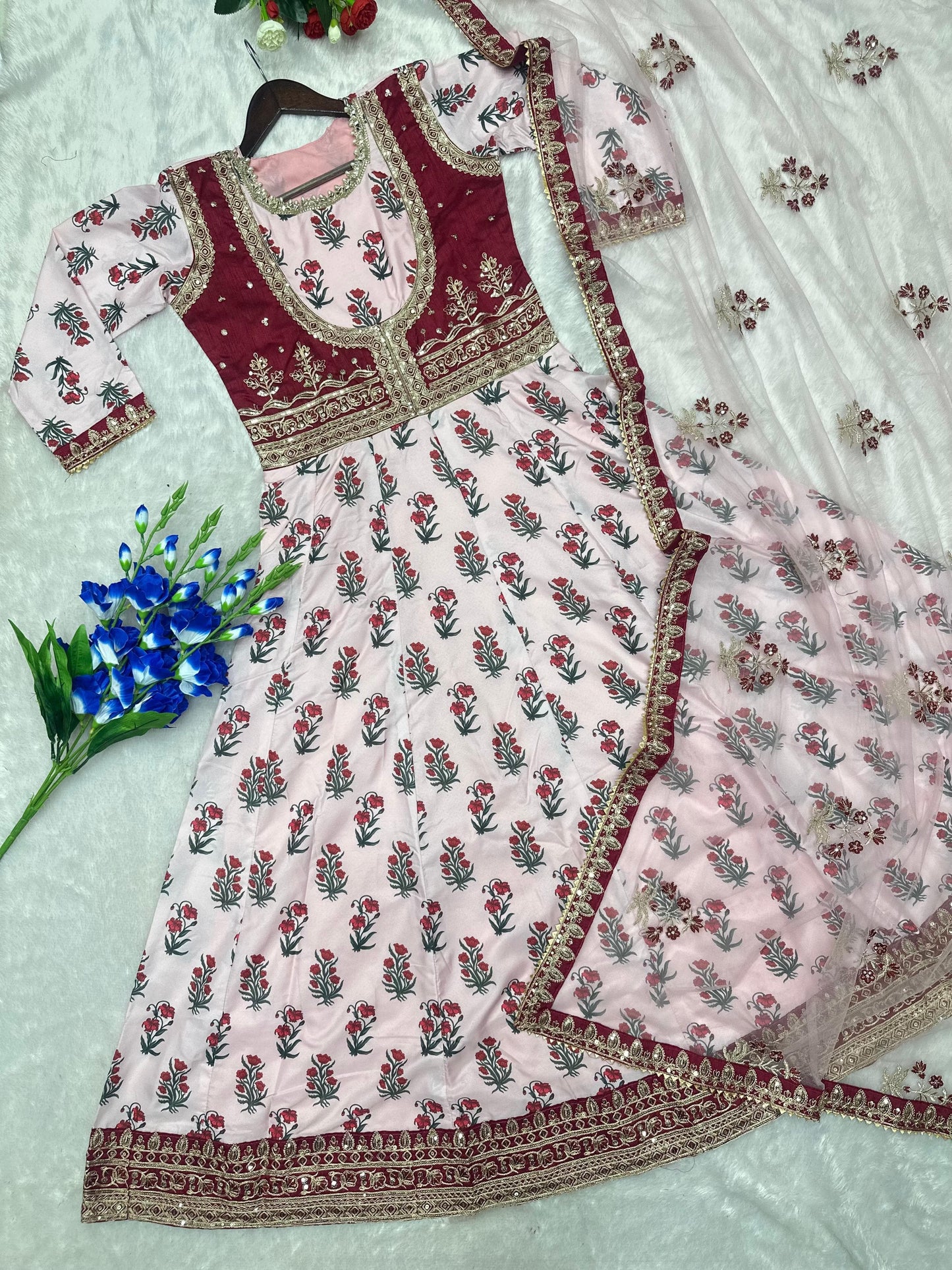 Crepe Digital Print Embroidered Designer Gown with Butterfly Net Dupatta