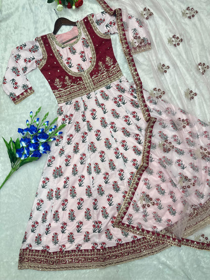 Crepe Digital Print Embroidered Designer Gown with Butterfly Net Dupatta