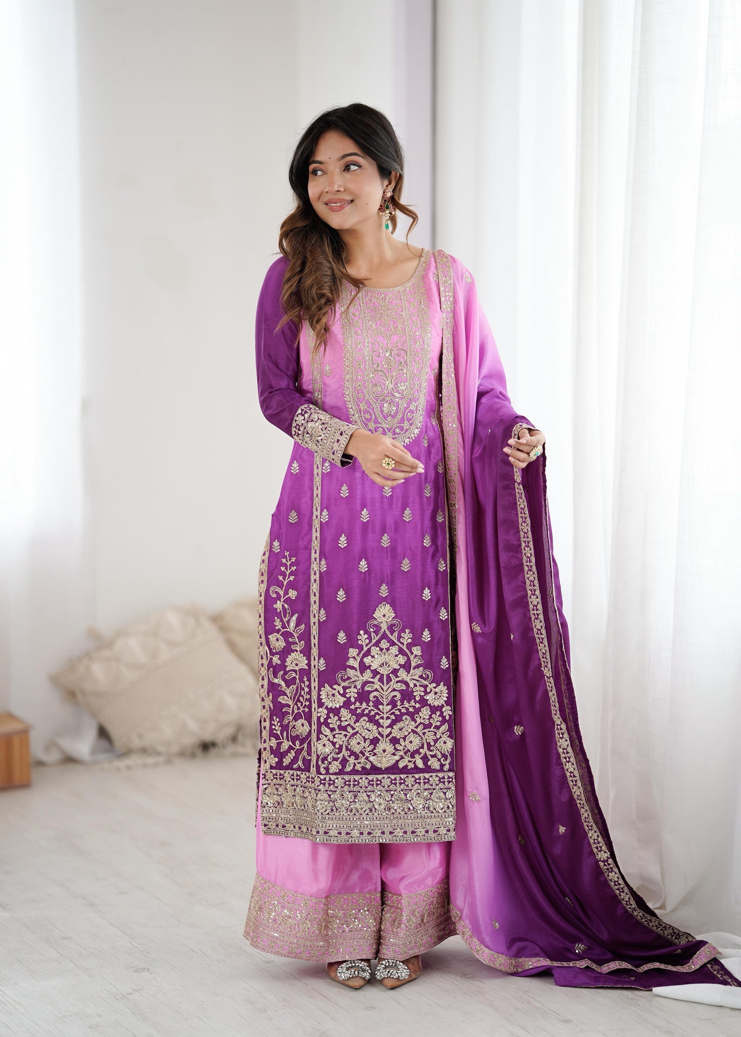 Shaded Chinon Silk Embroidered Top Palazzo Set with Dupatta