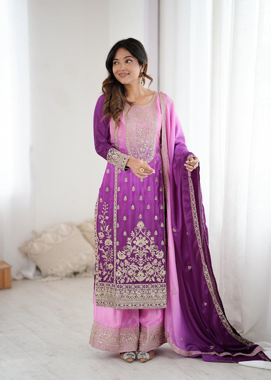 Shaded Chinon Silk Embroidered Top Palazzo Set with Dupatta