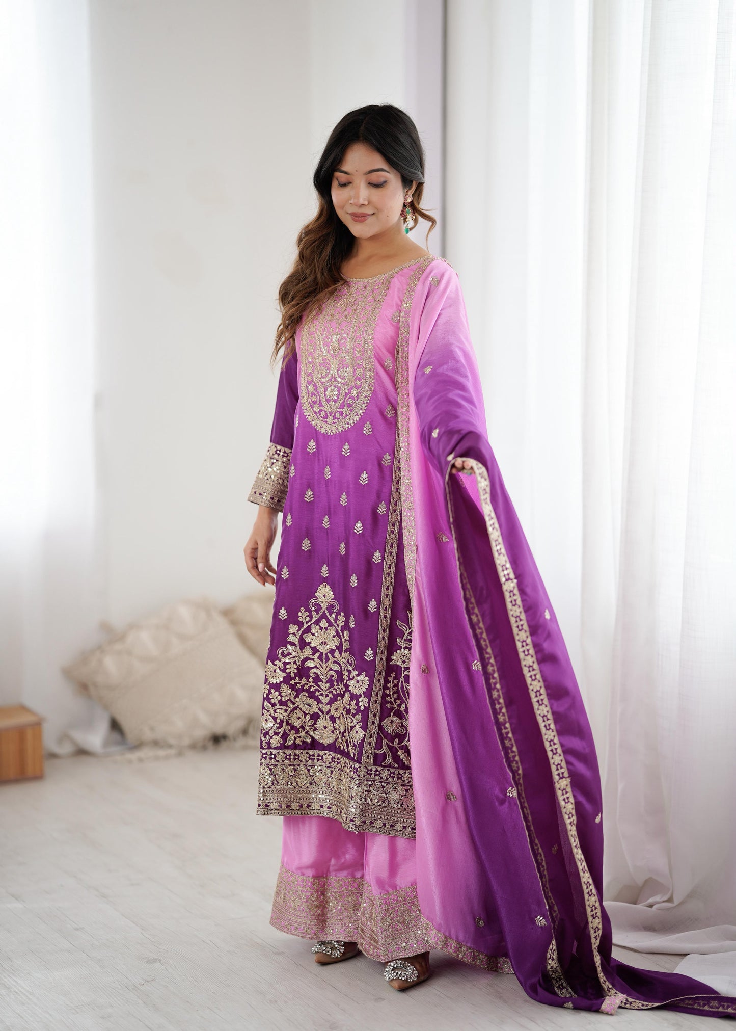 Shaded Chinon Silk Embroidered Top Palazzo Set with Dupatta