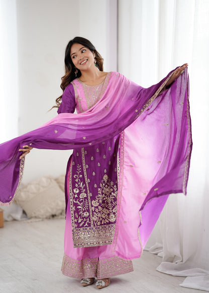 Shaded Chinon Silk Embroidered Top Palazzo Set with Dupatta