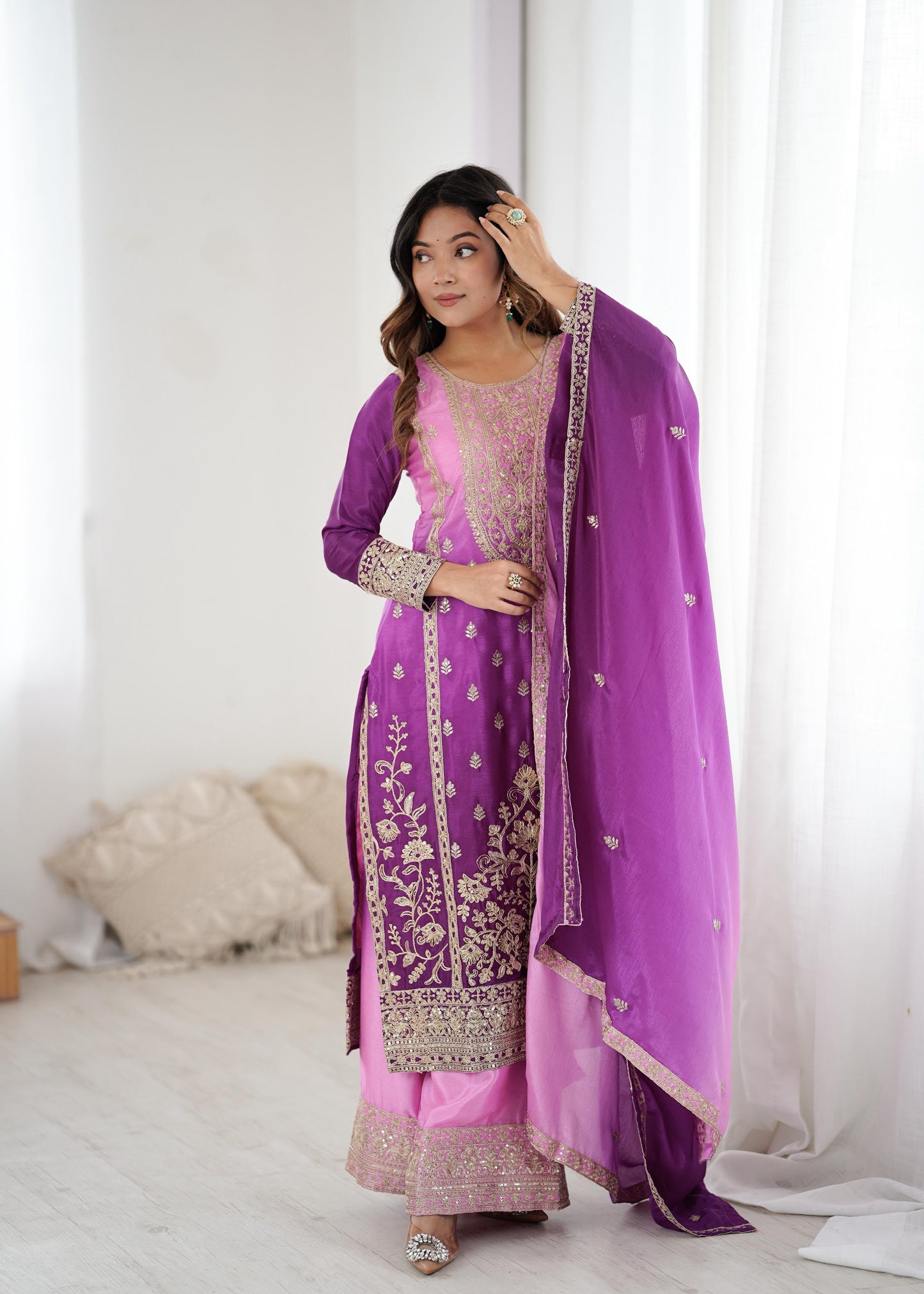 Shaded Chinon Silk Embroidered Top Palazzo Set with Dupatta