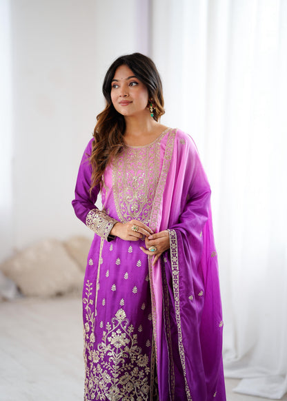Shaded Chinon Silk Embroidered Top Palazzo Set with Dupatta