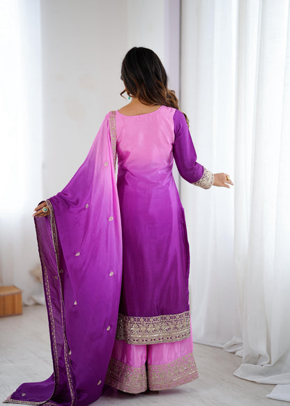 Shaded Chinon Silk Embroidered Top Palazzo Set with Dupatta