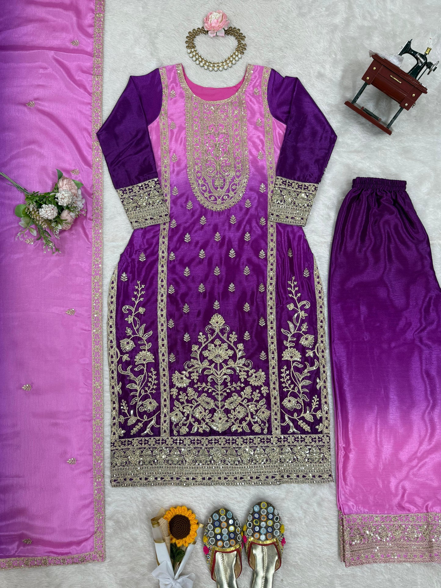 Shaded Chinon Silk Embroidered Top Palazzo Set with Dupatta