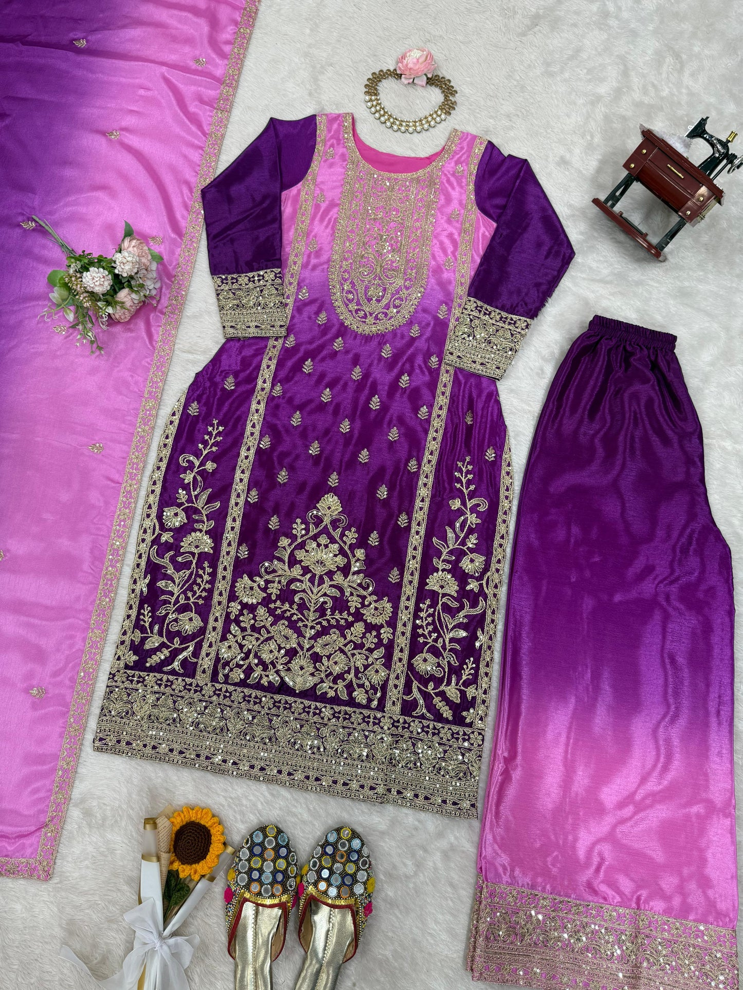 Shaded Chinon Silk Embroidered Top Palazzo Set with Dupatta