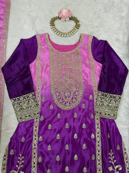 Shaded Chinon Silk Embroidered Top Palazzo Set with Dupatta