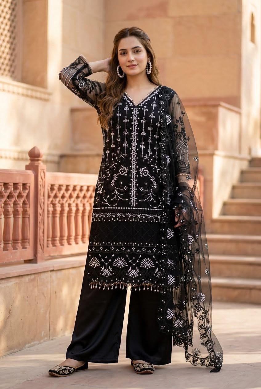 Designer Heavy Soft Net Sharara Suit Set with Pearl Handwork Dupatta