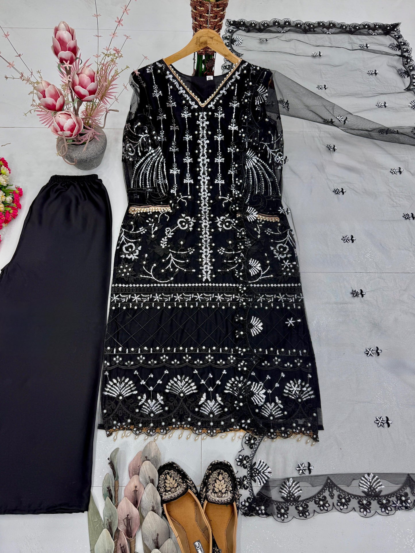 Designer Heavy Soft Net Sharara Suit Set with Pearl Handwork Dupatta