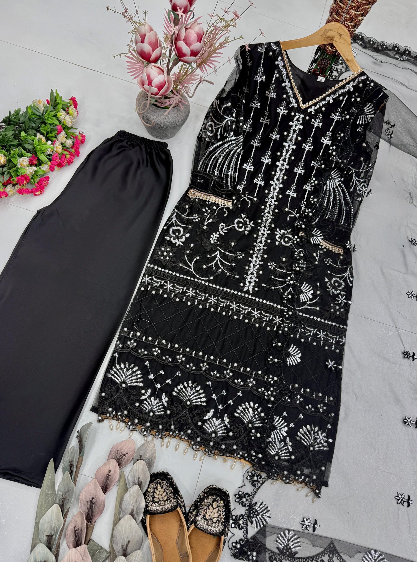 Designer Heavy Soft Net Sharara Suit Set with Pearl Handwork Dupatta