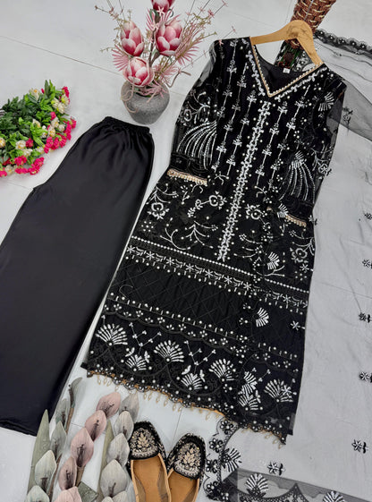 Designer Heavy Soft Net Sharara Suit Set with Pearl Handwork Dupatta