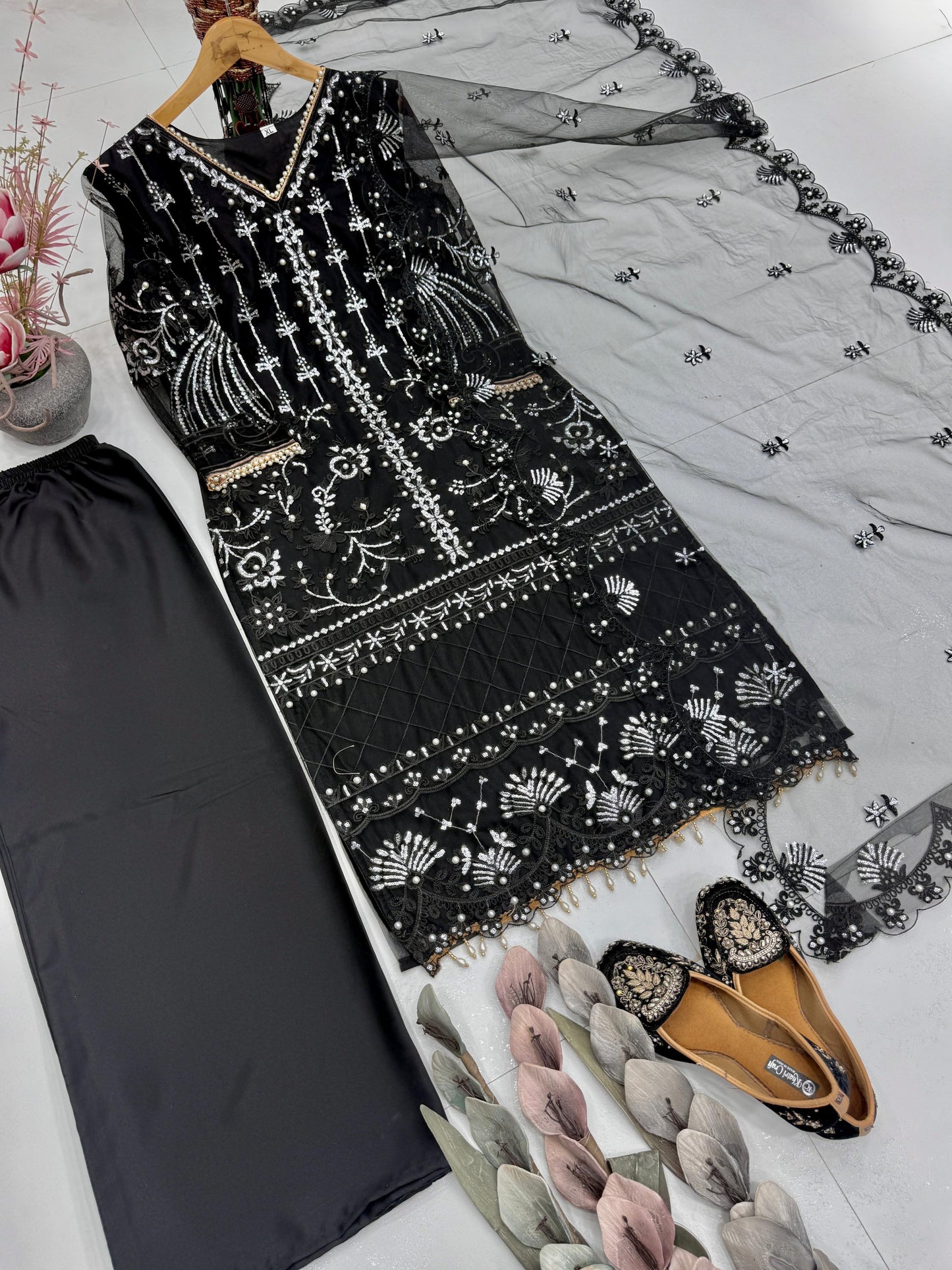 Designer Heavy Soft Net Sharara Suit Set with Pearl Handwork Dupatta