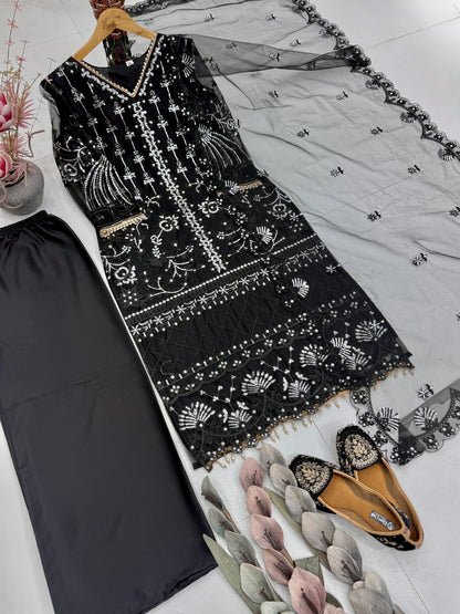Designer Heavy Soft Net Sharara Suit Set with Pearl Handwork Dupatta