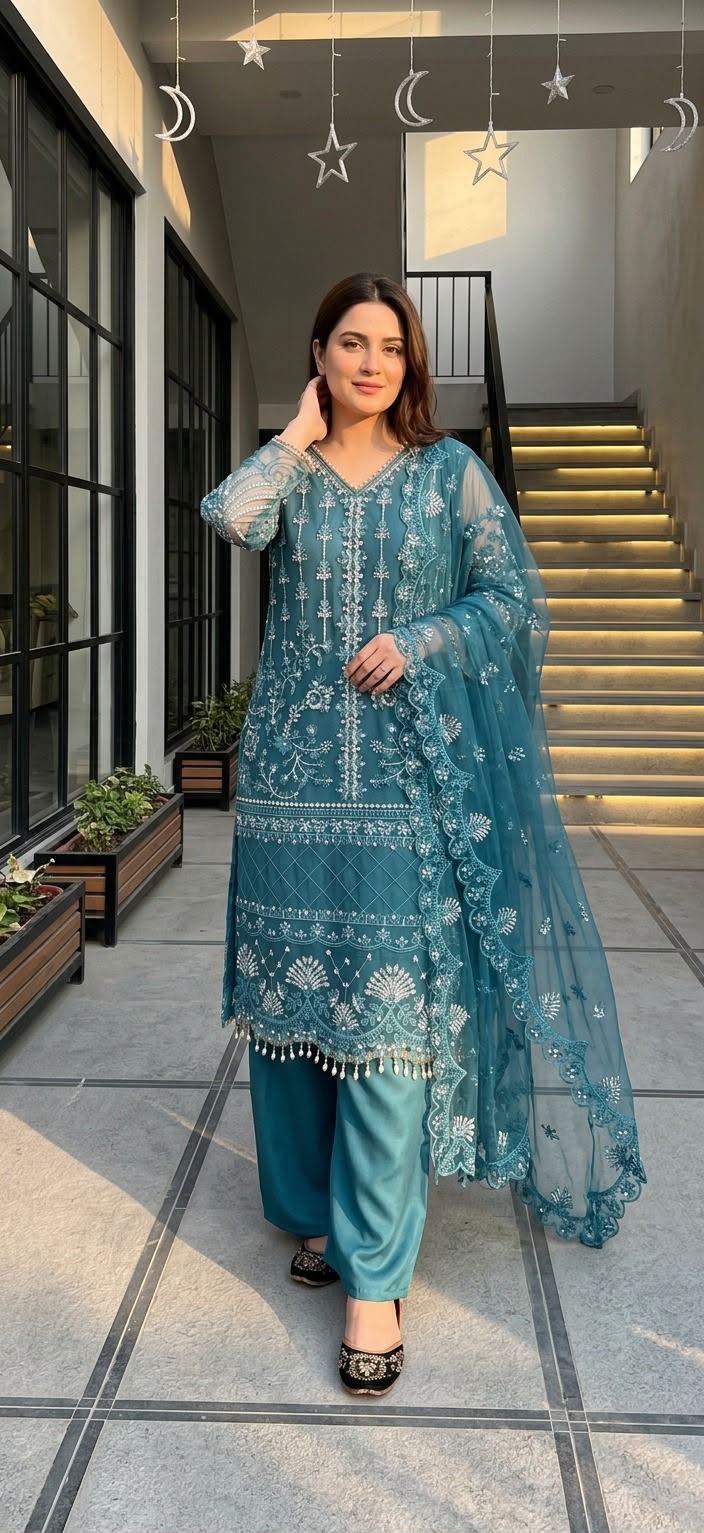 Designer Heavy Soft Net Sharara Suit Set with Pearl Handwork Dupatta