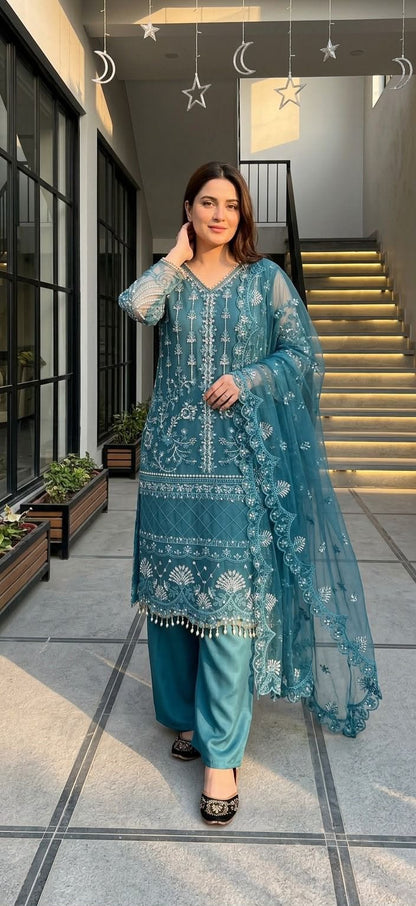 Designer Heavy Soft Net Sharara Suit Set with Pearl Handwork Dupatta