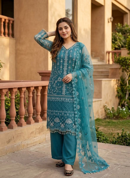 Designer Heavy Soft Net Sharara Suit Set with Pearl Handwork Dupatta